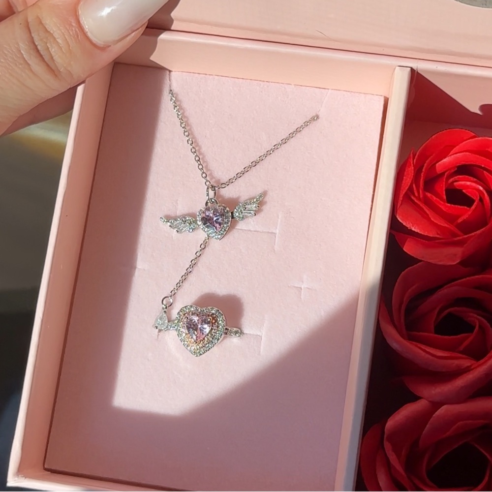 BRAND NEW Romantic Pink sterling silver CZ pave heart necklace and ring set